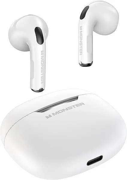 Monster N-Lite 208 Wireless Earbuds, Bluetooth Earbuds Touch Control, Headphones Bluetooth Wireless with 30H Playtime, Type-C Fast Charging, Clear Call, Comfortable Fit for Running, White