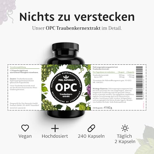 OPC Traubenkernextrakt – 240 Kapseln mit 1000mg OPC Extrakt – Höchster OPC Gehalt nach HPLC – aus französischen Weintrauben – Vegan, hochdosiert, in Deutschland produziert