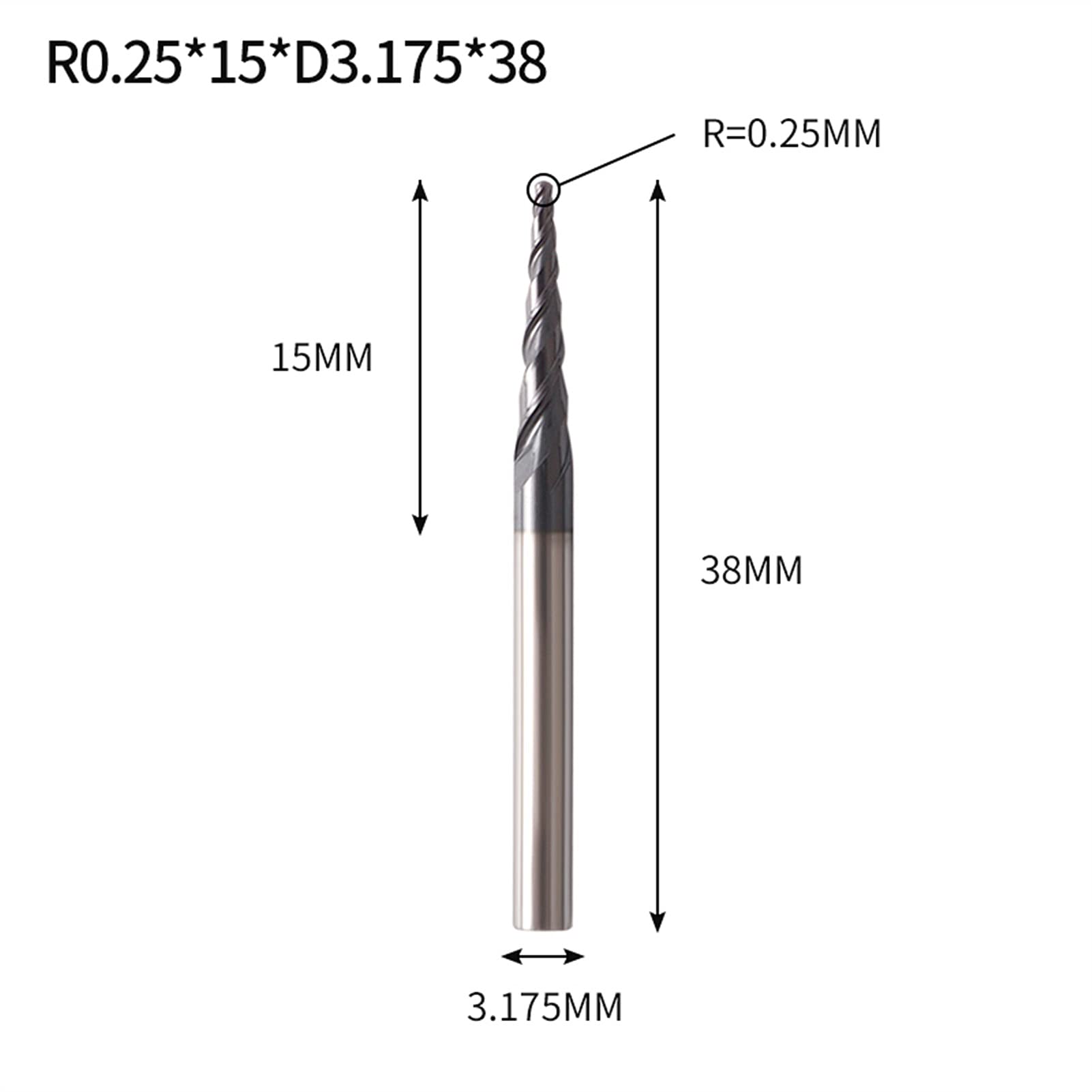 SUOFEILAIMU-PHONE CASE Metal Carbide Ball Nose End Mills 3.175mm 4mm 6mm 8mm Tapered Router Bit CNC Wood Milling Cutter (Cutting Edge Length : R0.25X15XD3.175X38L)