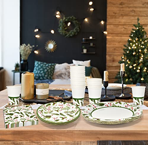 Christmas Party Supplies Tableware Set Serves 24 Holiday Disposable Dinnerware with Plates Cups and Napkins Festive Seasonal Holly Design for Christmas Celebrations – Image 8