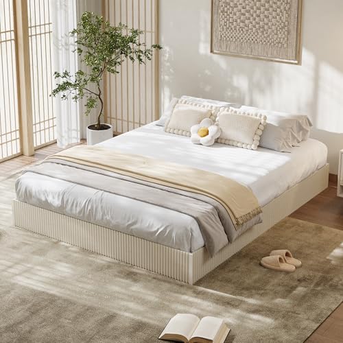 Image of GarveeHome Full Size Bed Frame, Wood Platform Bed, Fluted Bed Frame, Minimalist Bed Base with Low Profile Design, Noise-Free, Easy Assembly, No Box Spring Needed, Cream White