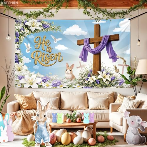 Image of KatchOn, Large Happy Easter Banner - 72x44 Inch | He is Risen Backdrop for Easter Decorations, Christian Easter Decorations | Easter Photo Backdrop, He Is Risen Decor, Jesus Spring Party Decoration