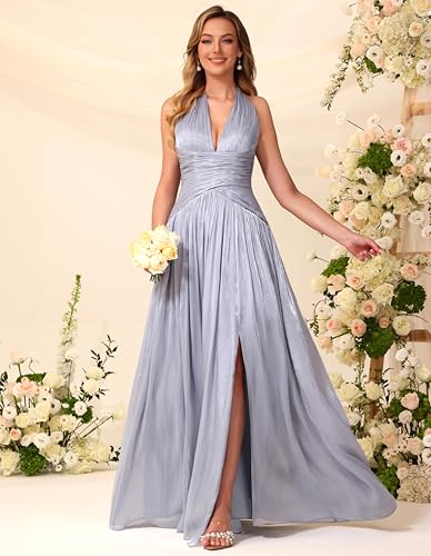 Image of Shimmer Chiffon Bridesmaid Dresses for Women Long | Deep V Neck,Pleated,Knotted,Empire Waist,with Slit,Breathable,Lightweight,Flowy,Formal Evening Dress