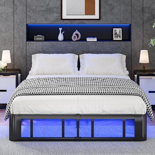 Meitewei 10 Inch Queen Floor Low Bed with Led Lights,Heavy Duty Steel Bed Base Queen Size,Metal Platform Bed,No Box Spring Needed, 1500 lbs Weight Capacity,Sturdy, Noise-Free,Black