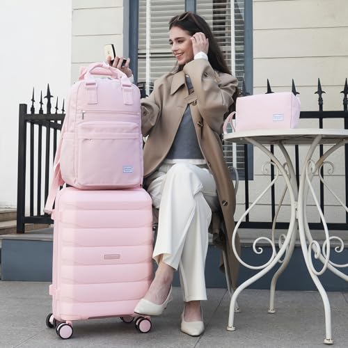 Image of Luggage Sets 5 Piece, Large Suitcase Set with Spinner Wheels, Carry on Luggage Set with Backpack for women (3 piece set,Pink)