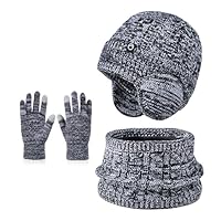Kids Winter Hat Scarf Gloves Set Thermal Knit Hat With Warm Ear Covers Fleece Lining Elastic Neck Warmer Touchscreen Mitten for Children Aged 4-10 Cold Weather Outdoor Sports