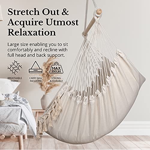 Komorebi Hammock Chair | Hanging Rope Swing For Indoor & Outdoor | Soft & Durable Cotton Canvas | 2 Cushions Included | Large Macrame Hanging Chair With Pocket For Bedroom, Patio, Porch (Ivory) #TOP1