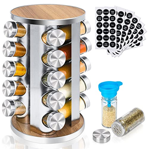 Spice Rack, Yunarel Spice Organizer With 20 Glass Spice Jars, Kitchen Rotating Spice Rack Organizer For Cabinet With Preprinted Spice Labels And Funnelï¼ŒMorden Spice Rack Organizer For Countertop