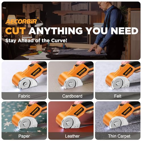 Cordless Electric Scissors: 4V Rechargeable Rotary Cardboard Cutter, 3000mAh Battery, with LED Light & Safety Lock, 2 Blades, Electric Box Cutter for Fabric Carpet Carton Plastic Leather Cloth(YELLOW) by Aecorbir - Used condition - Image 7