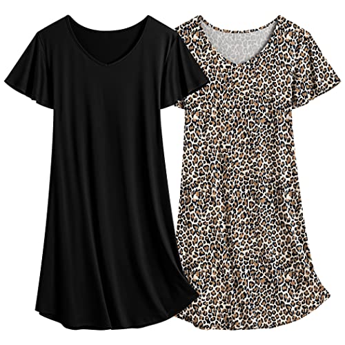 Ekouaer 2 Pack Nightgowns for Women Flare Short Sleeve Sleepshirt V Neck Sleepwear Pajama Dress Black + Leopard L