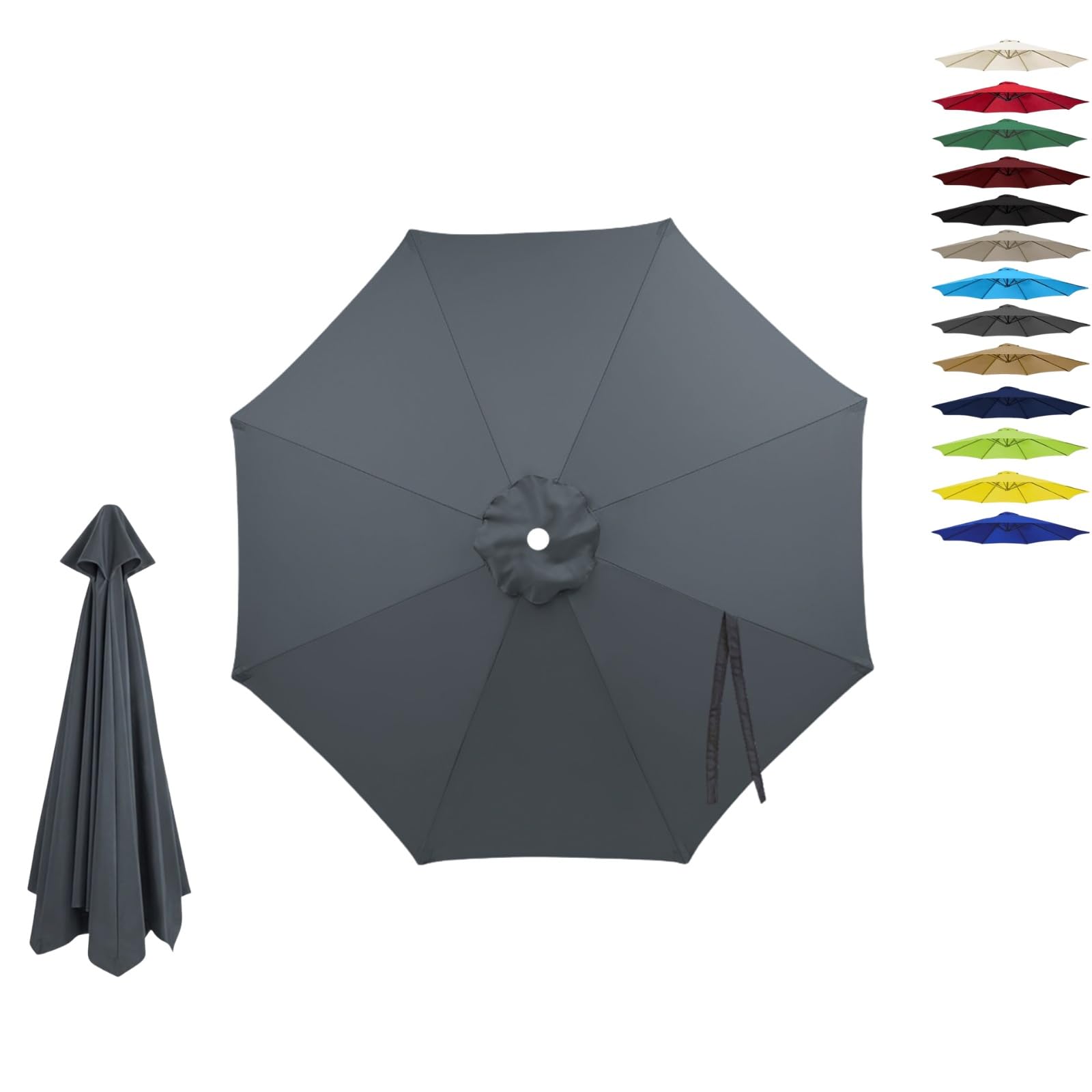 6/8 Ribs Replacement Parasol Canopy, Waterproof UV Garden Umbrella Cover 2.0m 2.15m 2.7m 3.0m 4.0m, Outdoor Replacement Parasol Canopy Fabric Only, Fade Resistant(Gray,8-RIBS-9.8FT/3.0m)