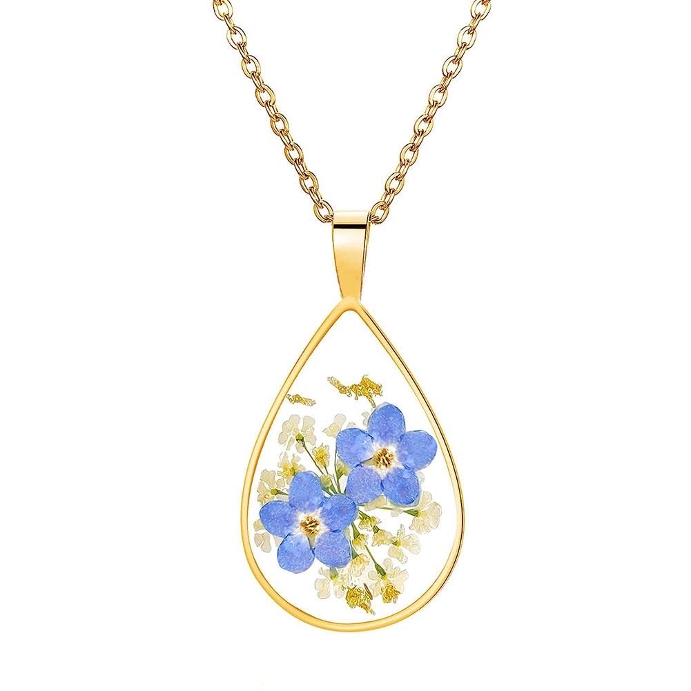 Forget-Me-Not and Queen Anne's Lace Pressed Wildflower Necklace Handmade Jewelry with Gold Chain Perfect Gifts For Birthday, Christmas,Thanksgiving (Teardrop Forget-Me-Not Necklace)