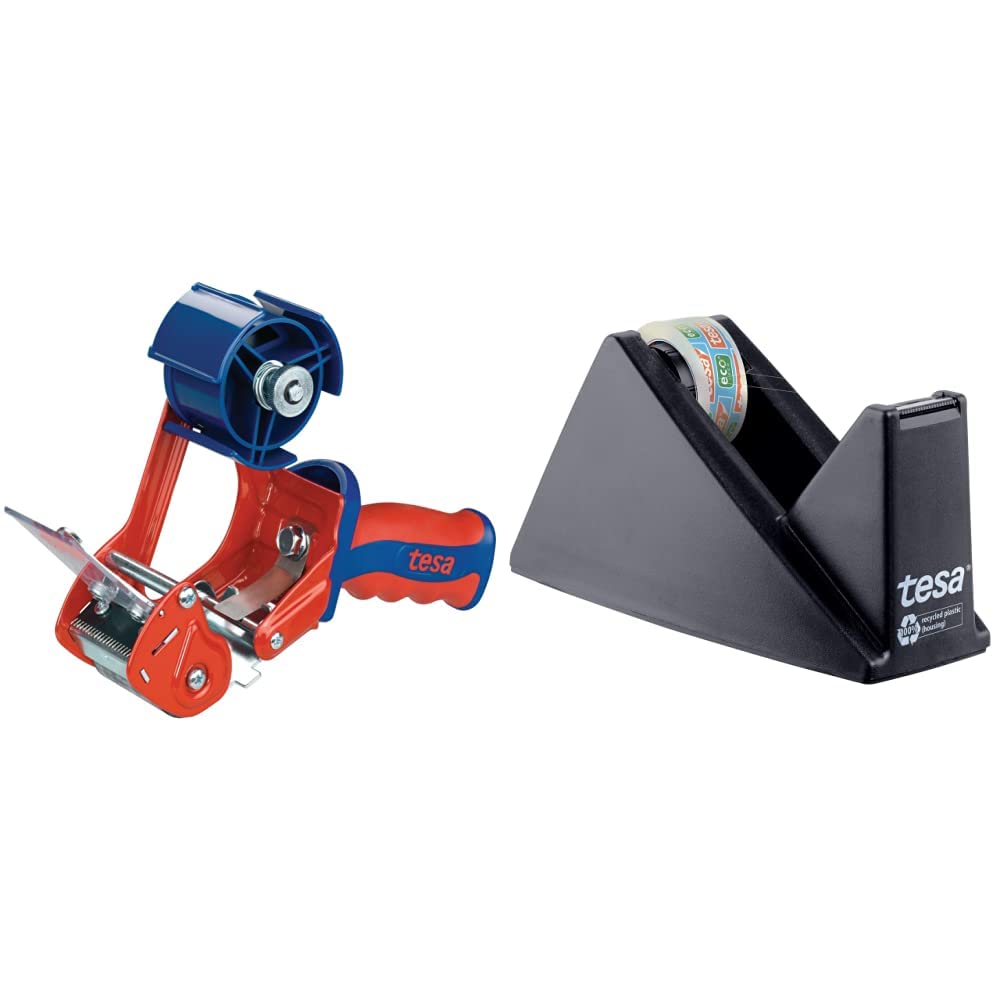 tesa 6400 Packband Handabroller COMFORT - Abroller für Paketbänder & Easy Cut Economy Klebebandabroller mit ecoLogo für Tische/Ökologischer Tischabroller mit Anti-Rutsch-Technologie