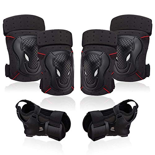 NHH Skateboard Knee Pads Elbow Pads and Wrist Guards - 6 in 1 Protective Gear Set for Kids Youth Adults Bicycling Cycling Bike Skateboard Inline Skate and Scooter (Black, L)