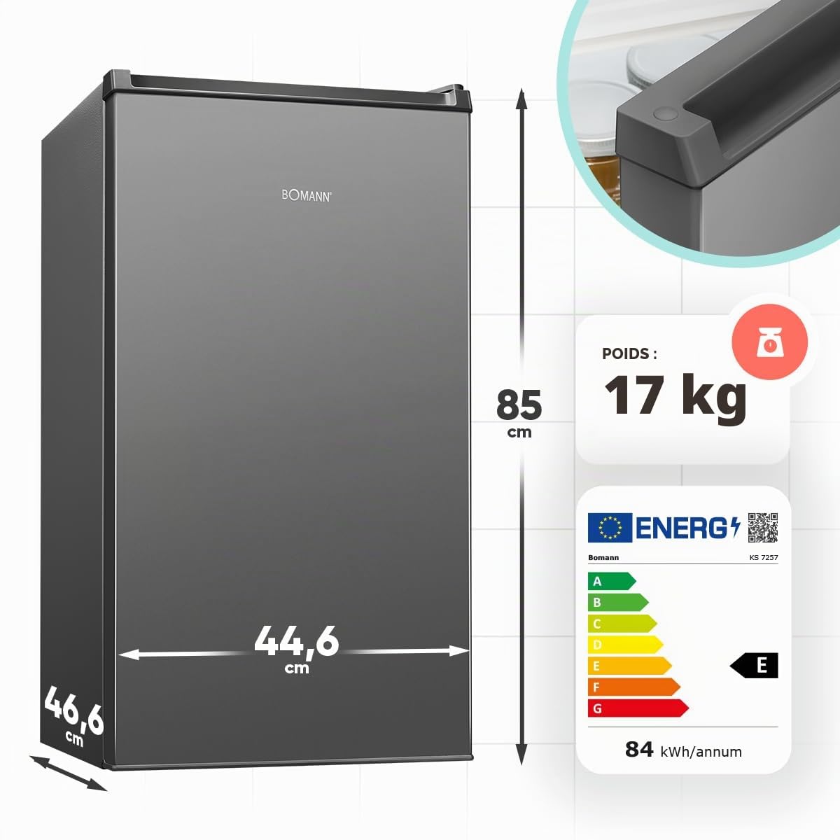 Bomann Réfrigérateur Congélateur 83 L KS 7257, Silencieux, Gris | silencieux, 2 étagères, compartiment à légumes, contrôle 0-8 °C, éclairage LED, compact