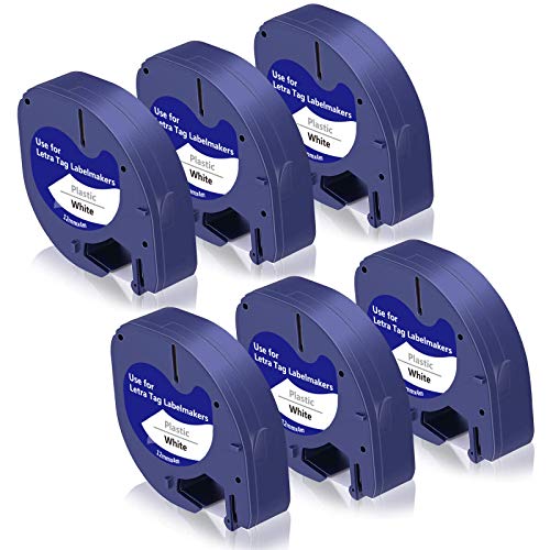 Replace Dymo Letratag Refills 91331 S0721510 White Plastic Letratag Label Tape Compatible for Dymo LetraTag Plus LT-100H LT-100T QX50 Label Maker, 12mm x 4m (1/2 Inch x 13 Feet), 6 Refills