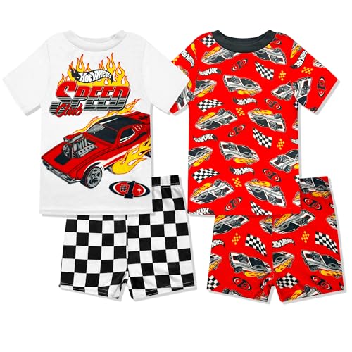 Hot Wheels Boys Pajama Set - Snug-Fit PJs 4 Piece Short Sleeve & Shorts Pajama Set - Kids Summer Pajamas - Official License Red White
