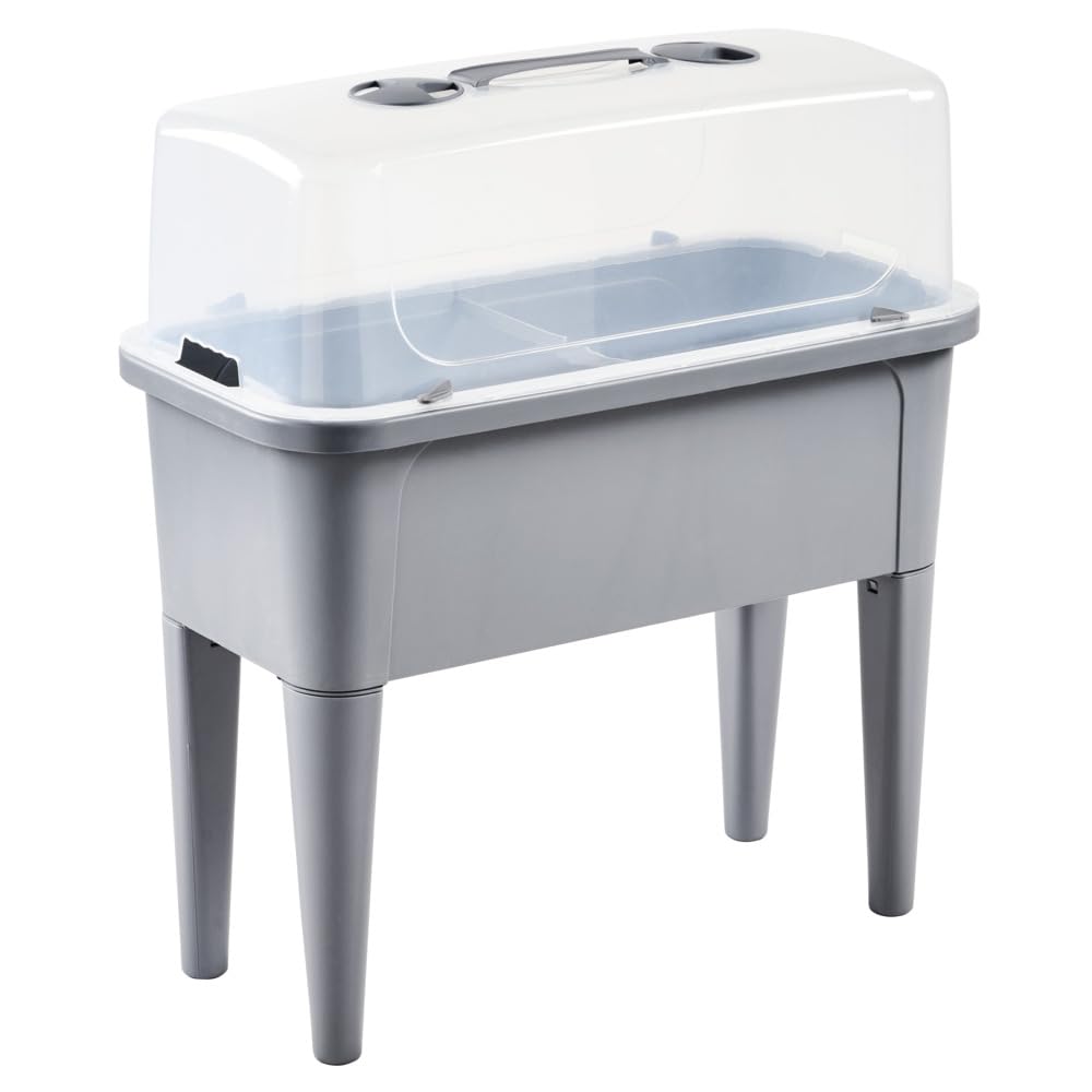 Muddy Hands Grey Plastic Large Plant Pot with Lid Outdoor Garden Tall Planter Grow Table Stand Raised Bed