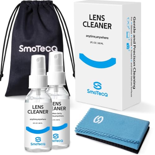 SmoTecQ Lens Cleaner Spray Kit Plant-Based Alcohol-Free Cleaning Solution for Glasses Camera Lenses & Screens | Includes 2 x 2oz Spray Bottles 2 Streak-free Microfiber Cloths & 1 Travel Pouch