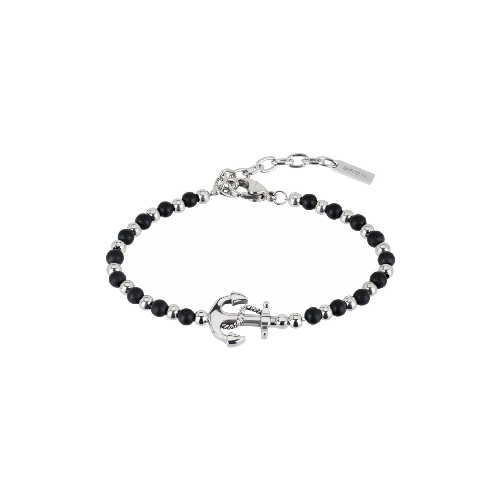 Breil, Collezione Black Onyx, Bracciale Da Uomo Con Elemento Da Marinaio, Con Sfere Di Onice Nero E Acciaio Specchiato, Chiusura A Moschettone, Idee Regalo Uomo, Lunghezza 17.5-22.5 Cm, Silver-Nero-image