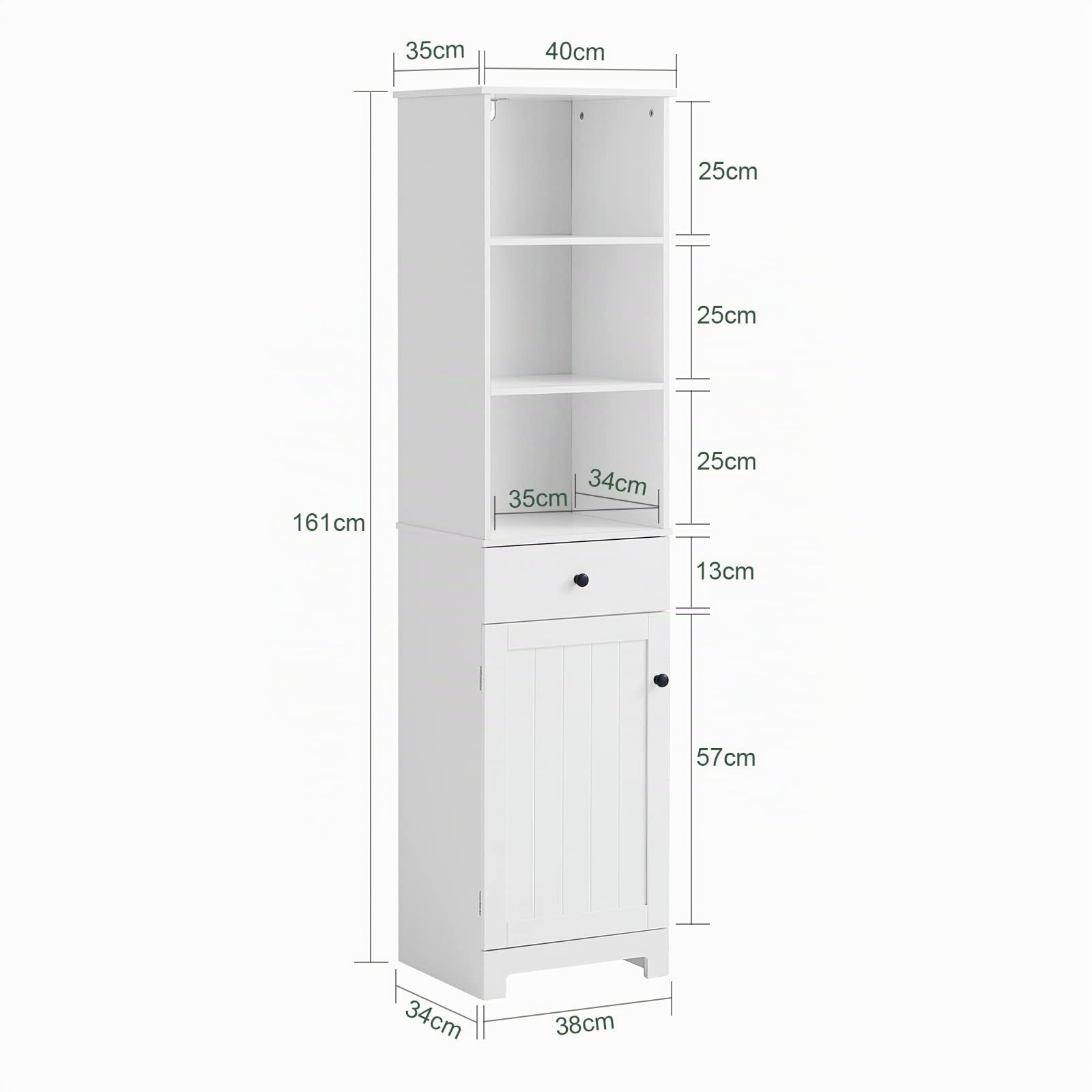 SoBuy Mueble Baño Alto Armario Baño Estrecho 40x161x35 cm Blanco | Mueble Auxiliare de Baño, Mueble Almacenaje Estrecho con 3 Estantes y 1 Cajón, para Baño, Cocina o Dormitorio, BZR17-W