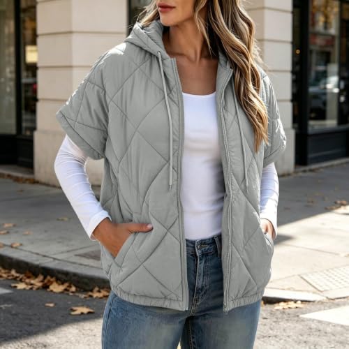 Gryvoilet Womens Quilted Vest Drawstring Hood Short Sleeve Zip‑Up Lightweight Puffer Gilet Casual Layering Outerwear for Ladies Gray M - image 4