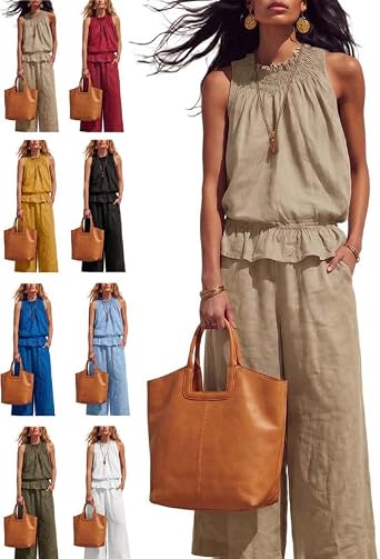 Piece Outfits Sleeveless Ruffle Top Wide Leg Pants, 2 Piece Linen Sets for Women, Summer Boho for Vacation & Home