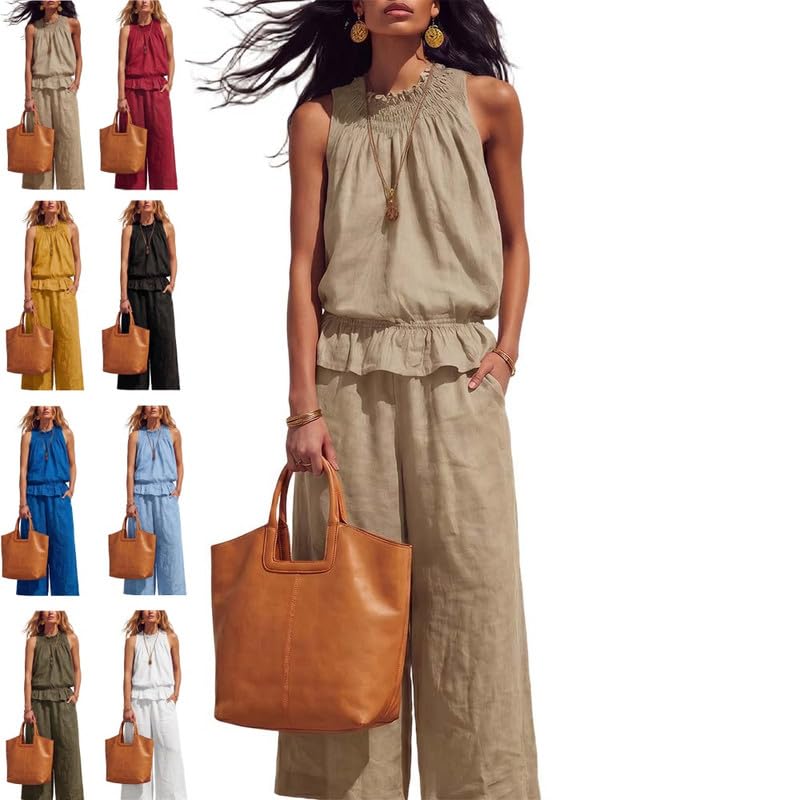 VLZLQ Piece Outfits Sleeveless Ruffle Top Wide Leg Pants 2 Piece Linen Sets for Women Summer Boho for Vacation & Home