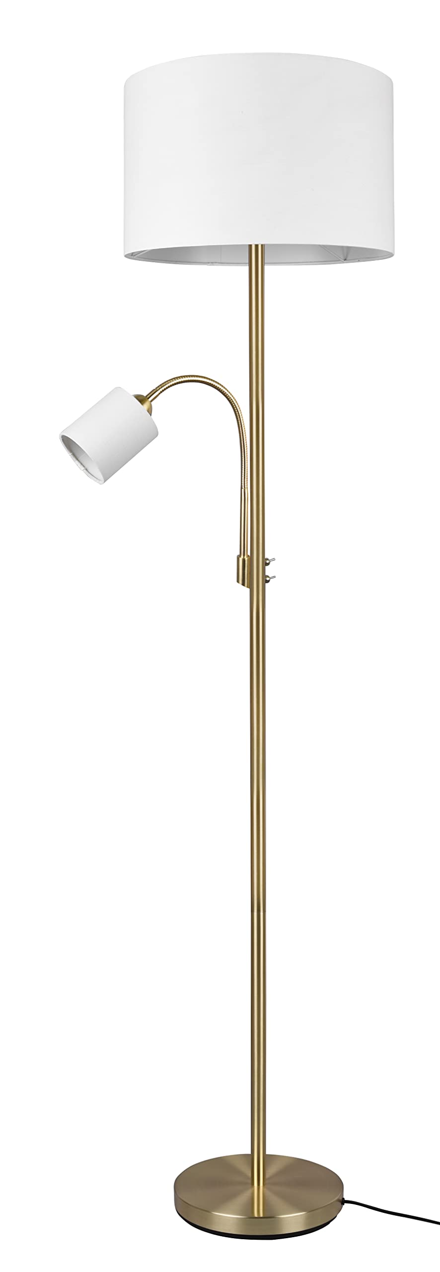 Trio Leuchten Lampa stojąca Hotel 403900208, metal mosiądz matowy, abażur z tkaniny kremowo-biały, bez żarówki 1 x E27 i 1 x E14, z przełącznikiem nożnym, przełączany oddzielnie