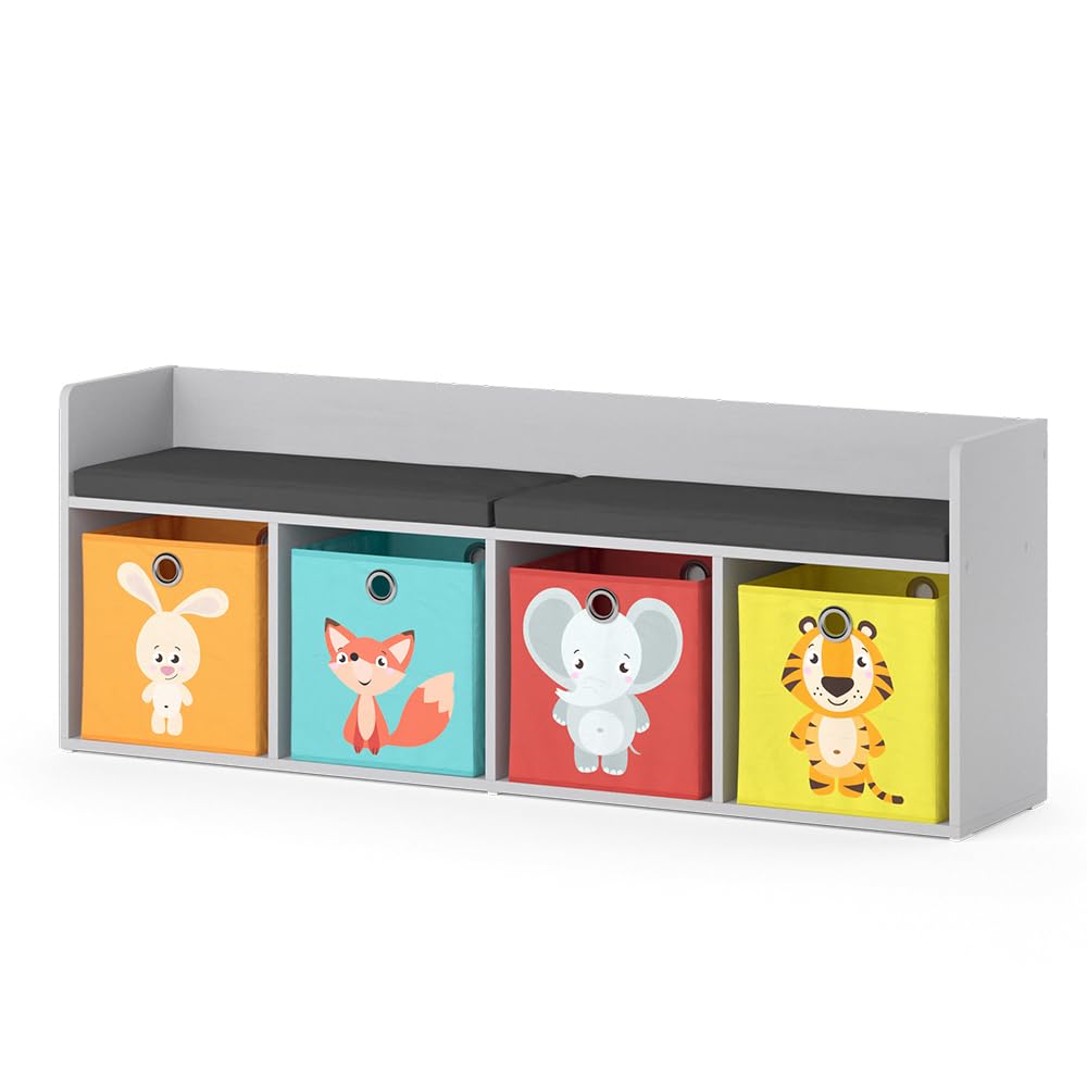 Vicco Étagère pour Enfants Luigi, Blanc, 142.4x53.4cm 4 Compartiments, avec boîtes Pliantes Multicolores, Compatible avec d'autres éléments de la série Luigi