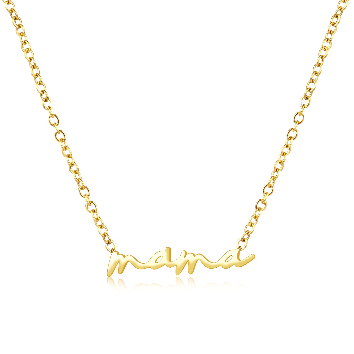 Minimalist MAMA Word Pendant Necklace for Women New Mother Dainty Chain Meaningful Lightweight Hypoallergenic Surgical Steel Gold Plated Grandmother Personalized Birthday Anniversary Mother's Day gold