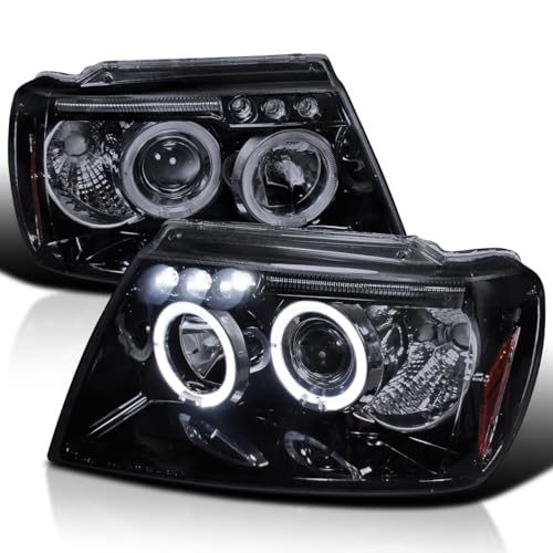 SPEC-D TUNING Black Smoke LED Dual Halo Projector Headlights Compatible with 1999-2004 Jeep Grand Cherokee, Left + Right Pair Headlamps Assembly