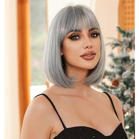 LANOVA Silver Grey Bob Wig with Bangs Short Straight Bob Silver Wigs for Women Hair Bob Cut Natural Looking Heat Resistant Synthetic Hair Wig for Daily Party Cosplay LANOVA-324 Cover