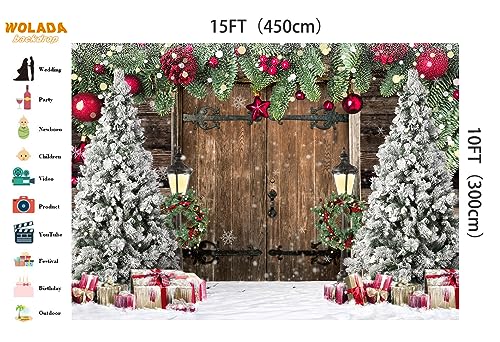 WOLADA Rustic Christmas Backdrop Barn Door Backdrops for Photography Xmas Tree Snow Back Drop 15x10FT 12585 by WOLADA - Image 3
