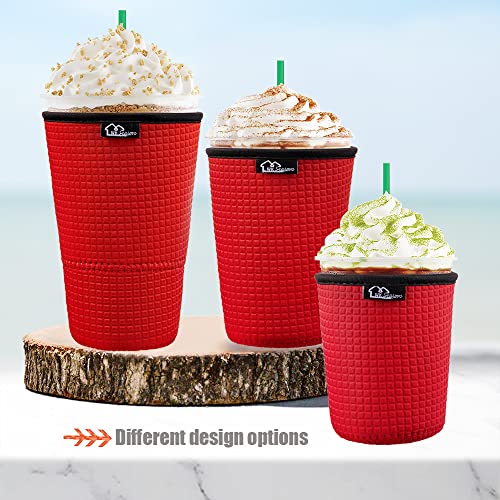 Image of Reusable Iced Coffee Insulator Sleeve for Cold Beverages and Neoprene Cold Coffee Cup Sleeves Cooler Cover 16-24OZ for Coffee, McDonalds, Dunkin Donuts, More (Embossed Red)