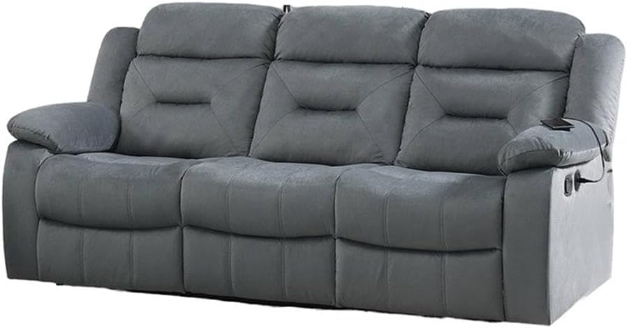 Pemberly Row 83 Inch Manual Recliner Sofa, Light Gray Velvet Upholstery, Solid Wood Frame, Horizontal Channel Tufting, Pillow Top Armrests, USB Ports, 3-Seater Design for Living Room or Family Room