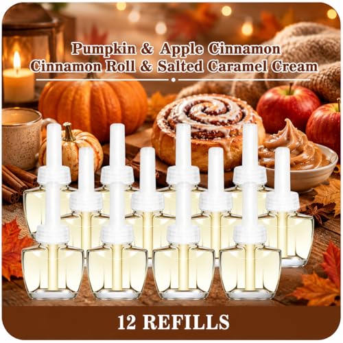 Plug In Refills Air Freshener Pumpkin Apple Cinnamon Cinnamon Roll Salted Caramel Cream 12 Count Compatible with Air Wick & Glade Not Include Glade Plus for Home Office Kitchen Bedroom