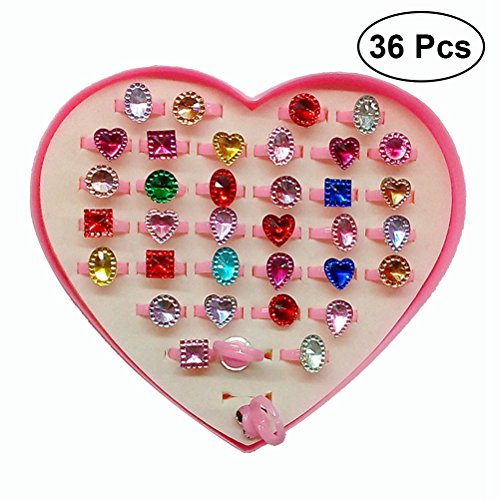 TOYMYTOY 36pcs anillos ajustables de las muchachas,anillo de la joyería de la princesa chispa con la caja de presentación de la forma del corazón (color al azar)