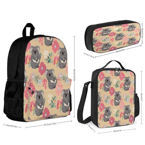 3-in-1 Backpack Combination Set Cute Koala Bear Floral Print 3Pcs Backpack Sets Travel Daypack with Lunch Bag And Cosmetic Bag2