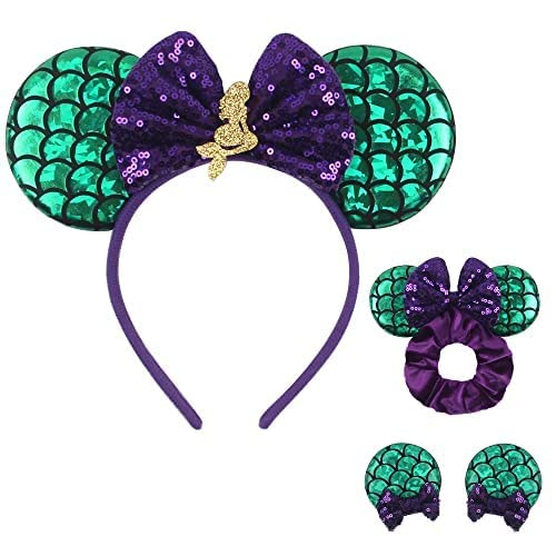 Mermaid Accessories: Mini Mouse Ears Headband, Green Scrunchies, Princess Party Decorations for Girls
