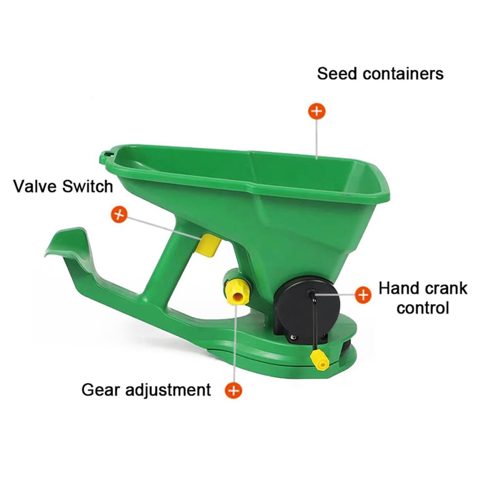 Esparcidor manual de semillas, sembradora de mano de 1,5 L con 5 engranajes ajustables para sembrar, fertilizar y derretir nieve para jardín y césped