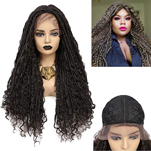 FSONA 28inch Faux Locs Crochet Braids Lace Front Wig L Part Ear to Ear with Curly Ends Hair Braiding Wig with Baby Hair Lightweight Bouncy Dreadlocs for Women (1B)
