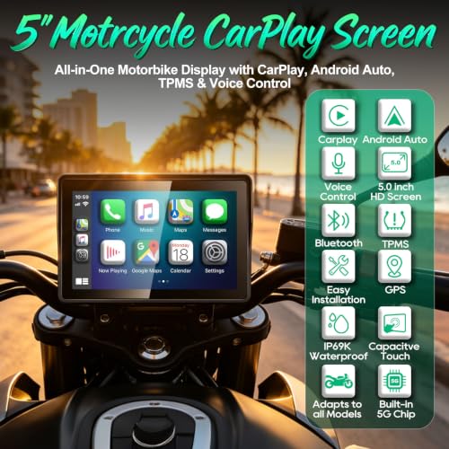 Image of YZW 5 Inch Motorcycle Carplay, GPS Navigation with Android Auto, Siri & Google Assistant /USB Cable /Bluetooth 5.2 /TMPS /Anti-Glare /Voice Control /IP69K Waterproof Touchscreen /Light Sensor /Magnetic Mount