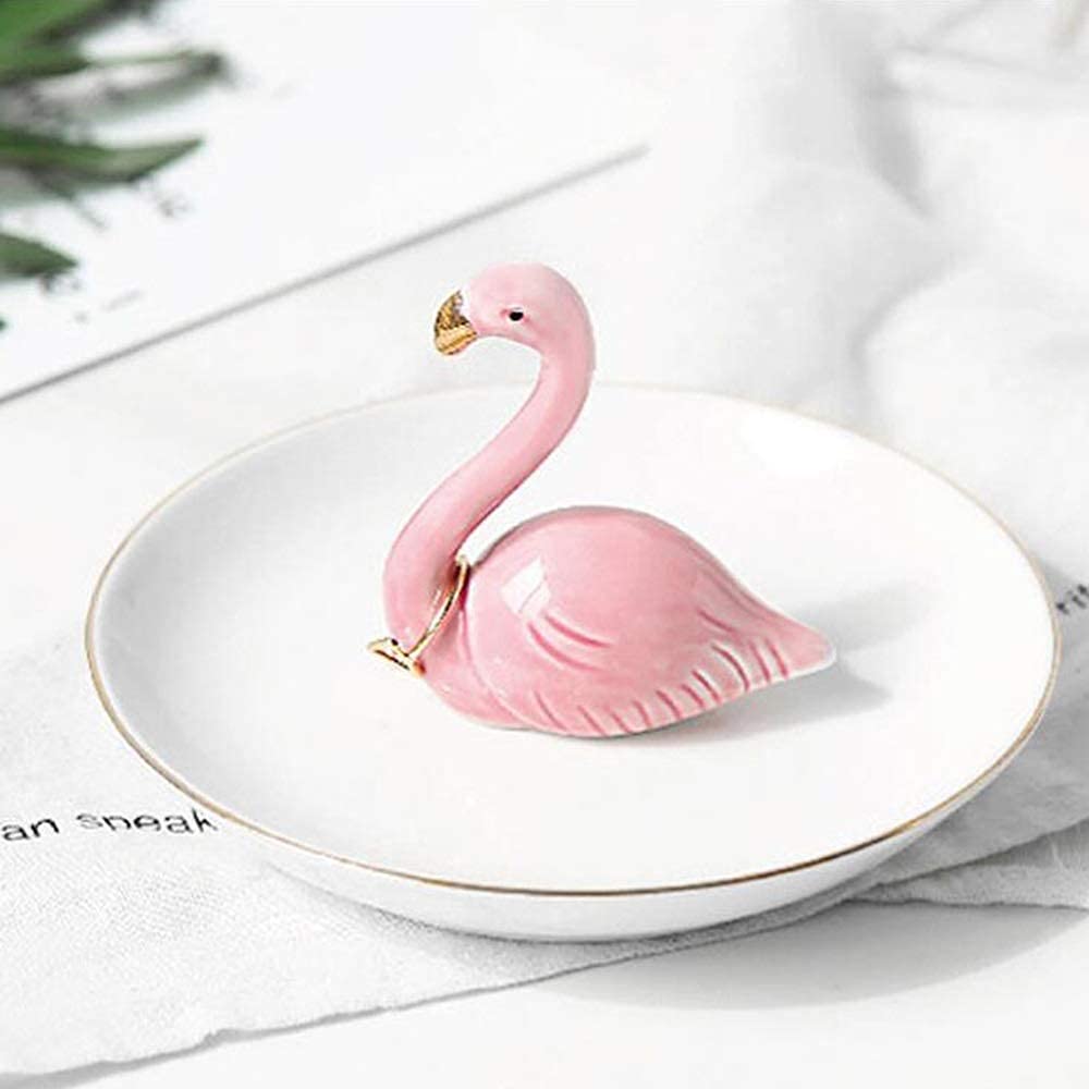 Plato de joyería con flamenco de cerámica rosa y organizador de anillos para tocador moderno