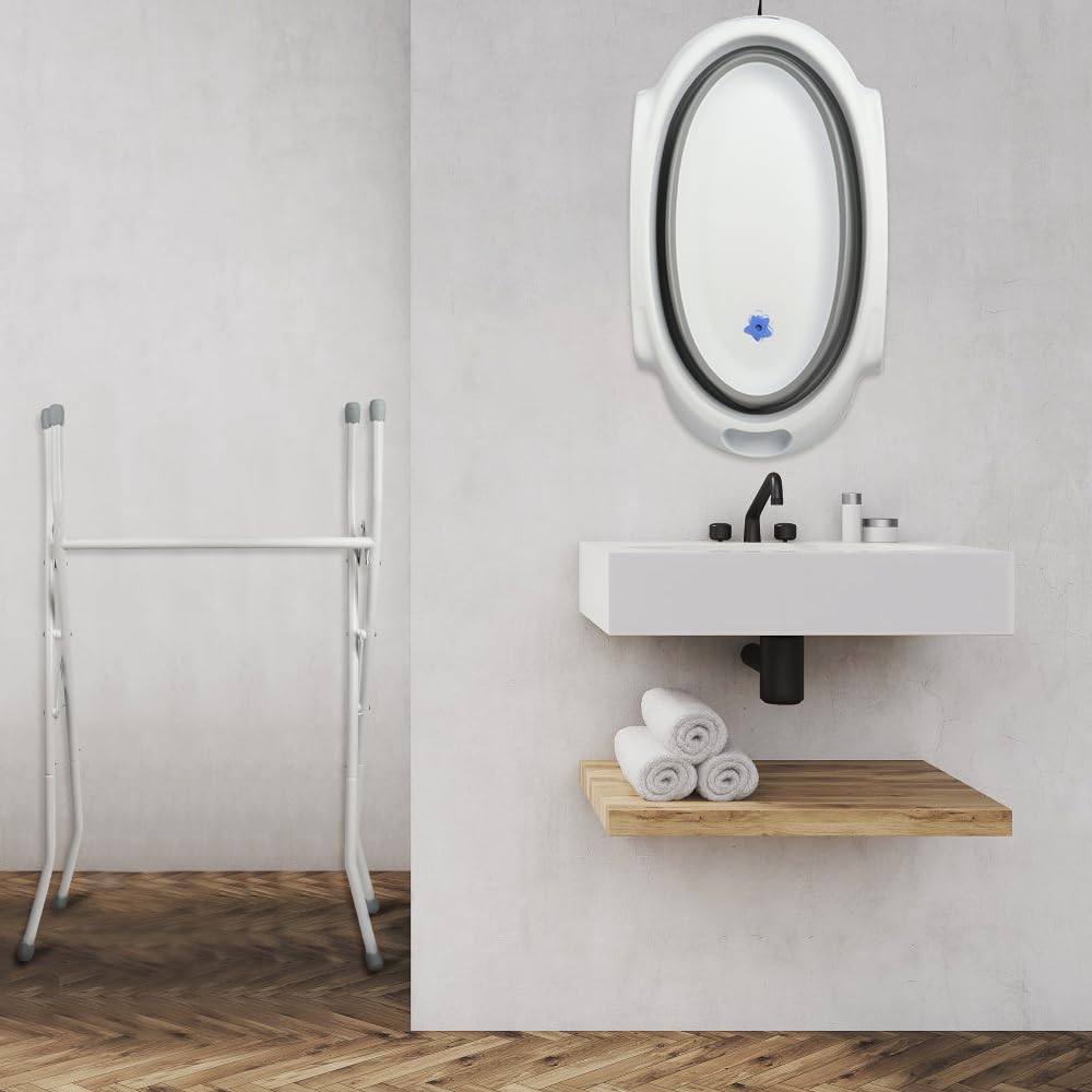 Bañera para bebé con estructura – Bañera plegable con cojín – Bañera para bebé + desagüe + estructura (gris)