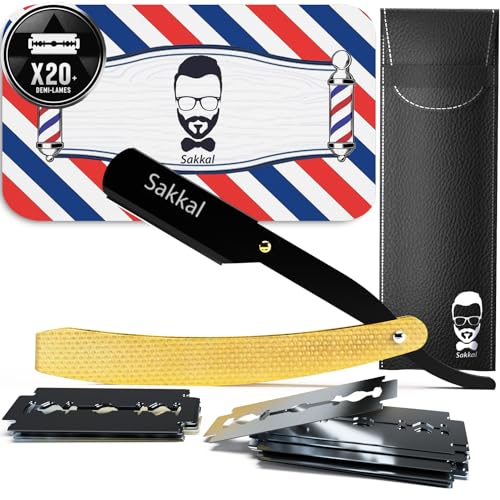 Navaja de Afeitar Hombre - Cuchilla de Afeitar de Barbero - Faca de Barbear Profesional - 20 Medias Cuchillas Dobles con Estuche de Cuero | Kit de Afeitado Clásico para Barba y Bigote (Oro)