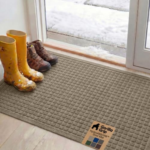 Image of GORILLA GRIP Ultra Absorbent Front Door Mat Outside Entrance, 47x35, Traps Dirt and Moisture, HydroABSORB Indoor Outdoor Doormat Holds Up to 6 Cups Water, Stain and Fade Resistant Welcome Mat, Beige
