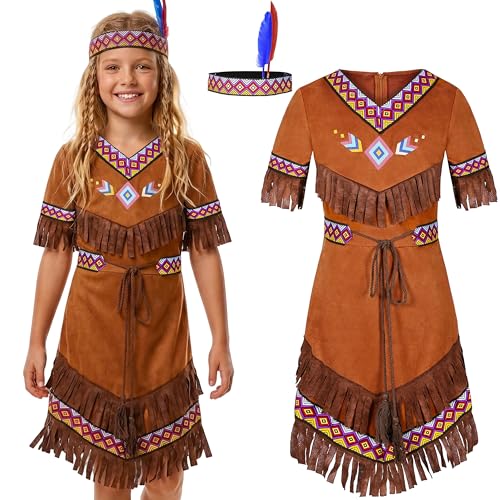 Frekuyrt Girls Native American Costume Indian Fancy Dress for Halloween Mardi Gras Dress Up (8-9 Years)