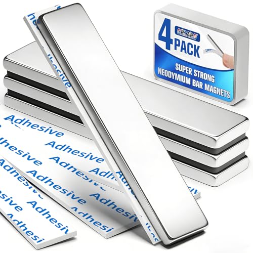 Grtard 4 Pack Neodymium Magnets Strong Magnets 60 x 10 x 3 mm Rare Earth Magnet Extremely Powerful Magnetic Bar Refrigerator Magnetic Strips with 4 Pcs Double-sided Adhesive for Multi-Use