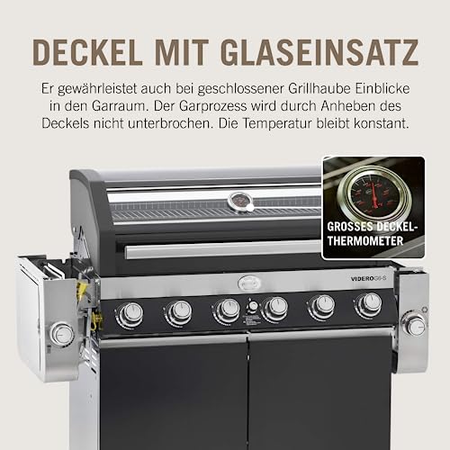 RÖSLE Gasgrill BBQ-Station VIDERO G6-S Schwarz, Grill mit 6 Edelstahlbrennern, extra Primezone und...